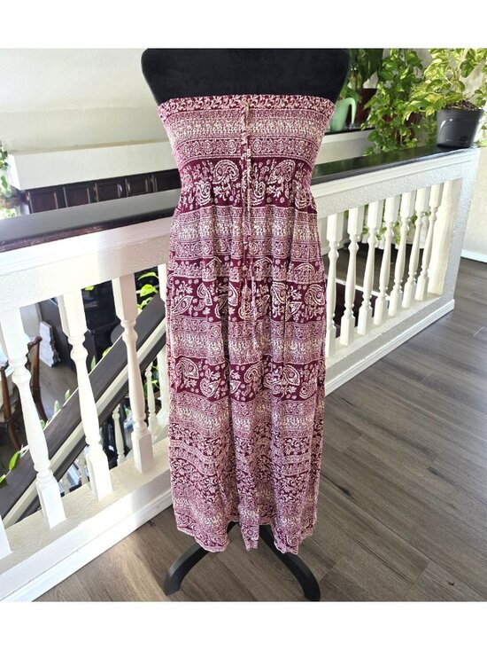 Tropiko Dresses & Skirts - Tropiko Burgundy/Cream Paisley Strapless Smocked Stretch Maxi Dress SMALL